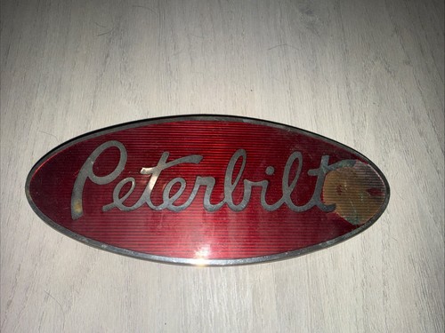 Vtg OEM Peterbilt oval Truck Red Enamel Solid Metal Hood Emblem 8"