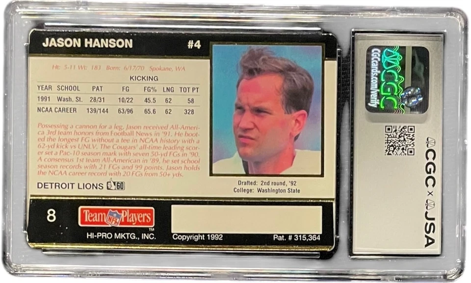 JASON HANSON SIGNED 1992 ACTION PACKED #8 CGC GRADE 8 AUTO 10 - Image 2 of 2