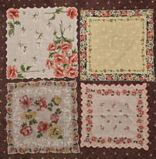 FOUR Vintage Floral Hankies Special Edges Roses Poppies Shadow Accents 11-13"
