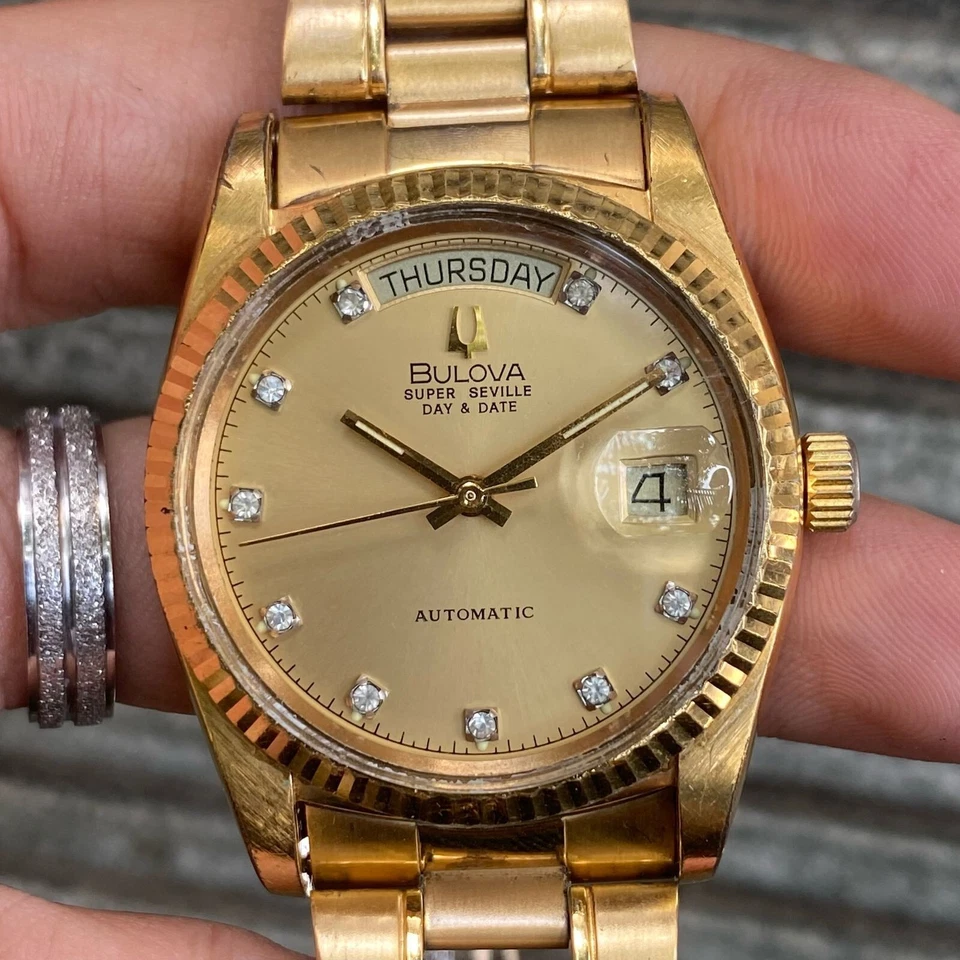 Rare Bulova President Super Seville Day Date Diamond Automatic Vintage Men Watch - image 2 of 4