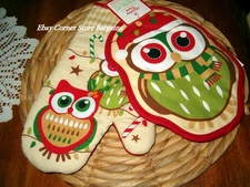 Christmas OWL Potholder & Oven Mitt Set NEW