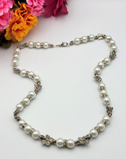Silver Tone Butterfly White Faux Pearl Beaded Necklace 23"
