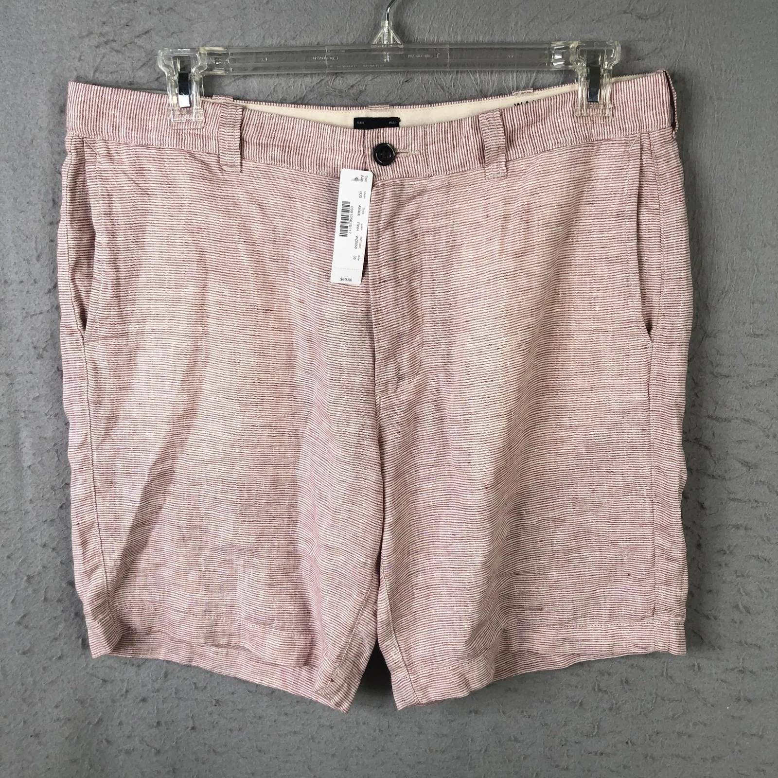 J Crew Shorts Mens 35 Red White Stripe 100% Linen 9 Inseam Preppy Sailor NEW