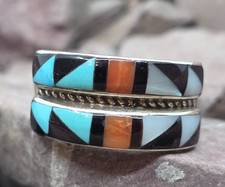 Zuni Native American Sterling Silver Assorted Stone Double Band Ring Size 8