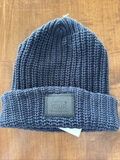 Love Your Melon Navy Blue Cuffed OVERSIZED Beanie Hat Leather Patch Made In USA