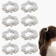 8 PCS Pearl Hair Ties White Elastic Scrunchie Stretch Ponytail Holders Fancy ...