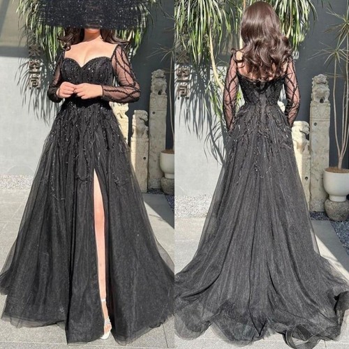 Gothic Black Wedding Dresses Sweetheart Neck High Slit Lace Sequin Bridal Gowns - Picture 1 of 15