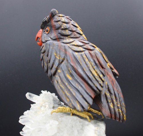 Australian Tiger Eye Mara Mamba Handcrafted Owl Carving On Pointy Quartz Base. - Picture 3 of 10
