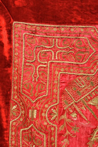 LARGE ANTIQUE OTTOMAN GOLD VELVET EMBROIDERY TUGHRA TAPESTRY BOHCA BINDALLI - Picture 6 of 11