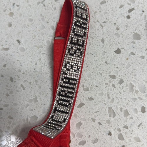 Victoria Secrets Runway Red bra Sz 34C satin w bling spell out straps push up - Picture 2 of 10