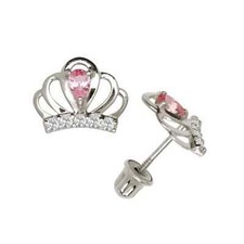 14K Solid Gold Royal Crown Screw back Studs Earrings with Pink CZ Stones Gift