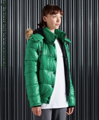 Superdry High Shine Toya Green Puffer Puffa Coat Jacket Size Small 10 Fur  Hood UK
