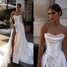 Elegant Satin A Line Women Wedding Dress Strapless Sleeveless Bridal Gowns Pearl