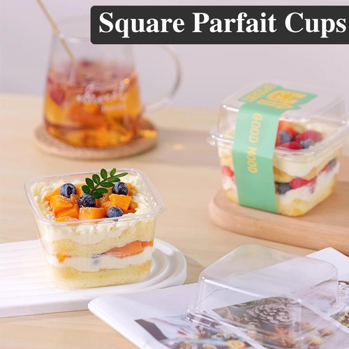 50 Pcs 8oz Disposable Plastic Dessert Cups with Lids & Spoons - Square Parfait - Picture 2 of 7