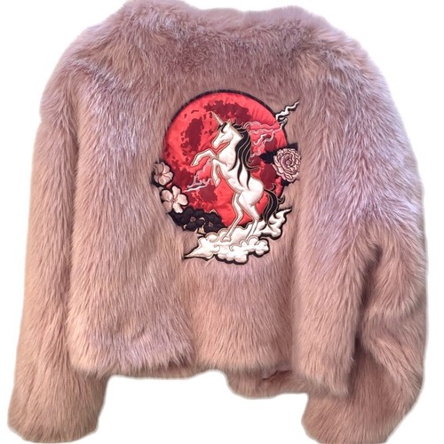 Rare H&M X Nicky Minaj Rose Pink Faux Fur Jacket Unicorn Patch Embroidery Sz 6 - Picture 5 of 8