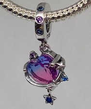 925 Sterling Silver, Sparkling  Purple Heart & Star Dangle Charm /Pendant.