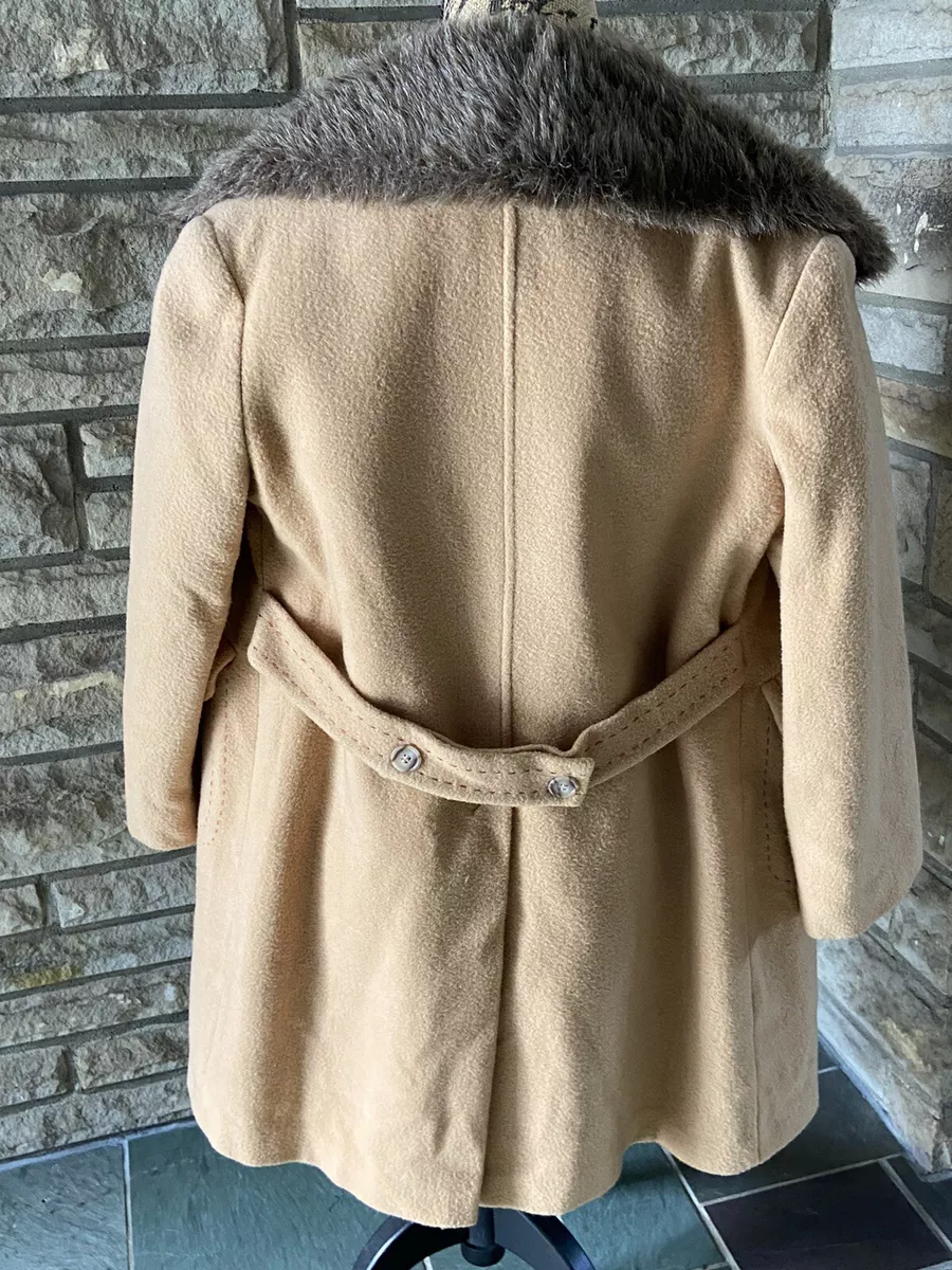 VINTAGE Camel Hair Coat Jacket England Long Teddy Fur Large Wool Sz Small