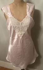 VTG AMELIA NIGHTGOWN Lingerie Chemise Slip SZ- L Satin Pink Sheer Heart Lace USA