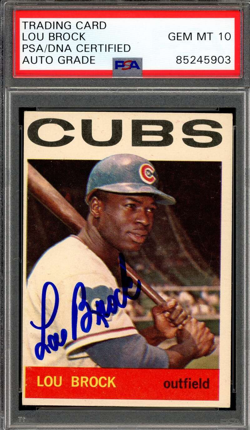 Lou Brock Gem Mint 10 PSA DNA Signed 1964 Topps Autographed