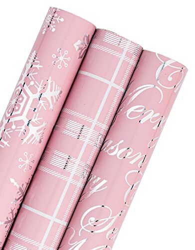 WRAPAHOLIC Christmas Wrapping Paper Roll - Mini Roll - Pink with Silver Metal...