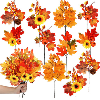 16 Pcs Thanksgiving Artificial Fall Flowers Maple Leaf Floral Picks and Sprays w
