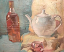 Realist oil painting still life with bottle and teapot, signed