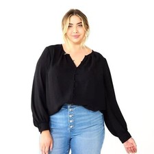 Nine West Tunic Top, Button Front Balloon Sleeve - Black - Plus Size, 0X / 14W