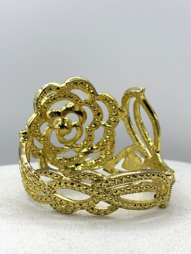 Multi Color Pastel Bead Rose Flower Leaf Yellow Gold Tone Hinged Cuff Bracelet - Picture 3 of 20