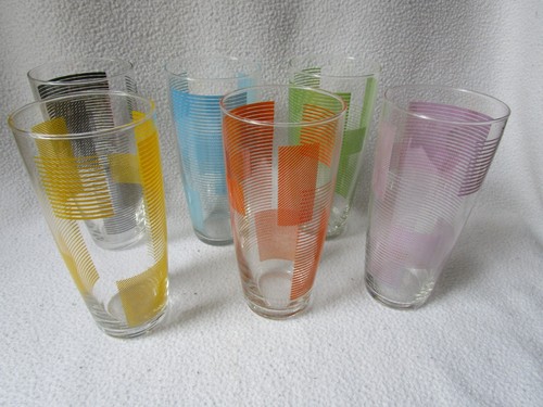 Durobor 6 Wasser oder Saft-Gläser Trinkglas 14cm 6 Farben gemustert OVP 60er J. - Picture 4 of 5