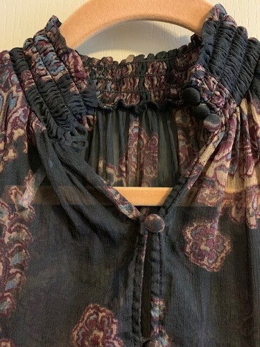 Free People Damen Gr. S schwarz Blumen Pull-On transparent Knopfleiste Kragen Überkleid - Bild 7 von 8