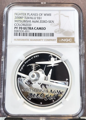 2008 TUVALU SILVER 1 DOLLAR MITSUBISHI FIGHTER PLANE WWII NGC PF 70 ULTRA CAMEO