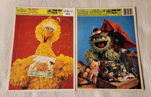 Vintage Sesame Street 2 Frame Tray Puzzle Lot Jim Henson Muppets CTW Golden