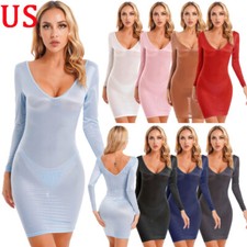 Womens See-Through Longsleeve Bodycon Dress Deep V Neck Lingeries Clubwear