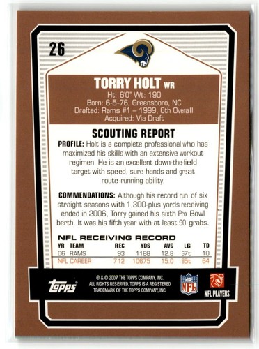 2007 Topps Draft Picks & Prospects Football #26 Torry Holt St. Louis Rams - 第 2/2 張圖片