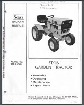 Sears ST 16 Lawn tractor owner manual 36 pages 1976 comb bound