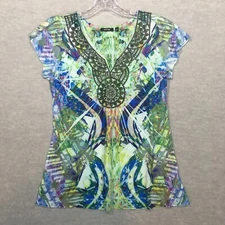 Apt 9 M Colorful Boho Tie-Dye Blouse Green Studded Lace Overlay V-Neck Slim EUC