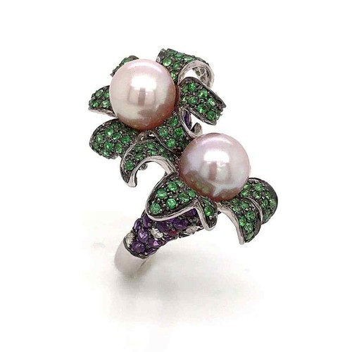Cultured Pearls With Emerald, Amethyst, White CZ and Ruby Double Flower Band - Picture 7 of 8