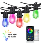 Outdoor String Lights 48FT RGB 15 S14 Bulbs Waterproof Dimmabl Patio Yard Remote