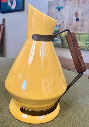 Catalina Island Pottery Carafe Pitcher Wood Handle MCM Yellow Gold