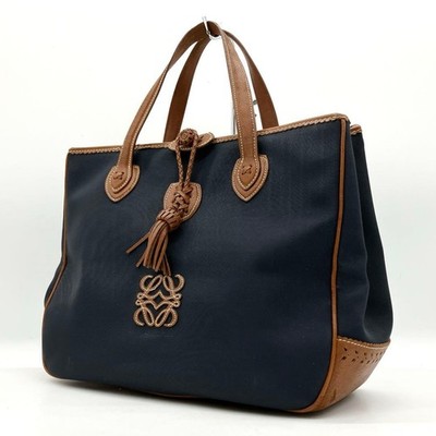 LOEWE Anagram Canvas Leather Bicolor Tote Bag A4 Navy Brown Womens Authentic