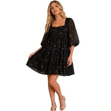 Nasty Gal Collection Black Gold Star Metallic Tiered Mini Dress US 4
