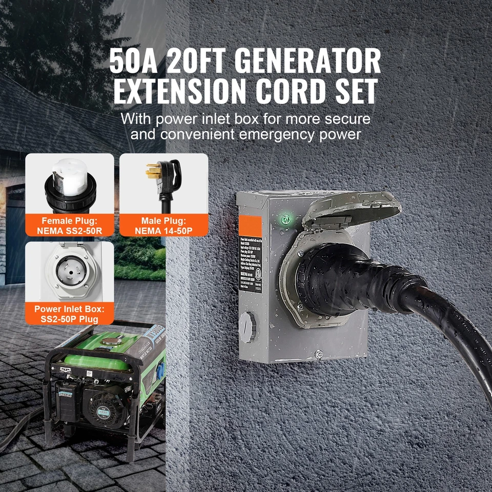 20FT 50 Amp Generator Cord and Power Inlet Box NEMA 14-50P/SS2-50R STW - Image 2 of 4