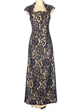 Vintage 1990s black illusion lace maxi dress XS S formal short sleeve train