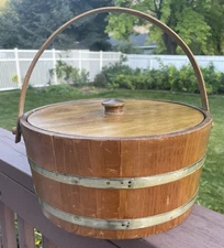 Vintage Wooden Firkin Sugar Bucket Swing Handle Lid 2 Brass Bands 12” Primitive
