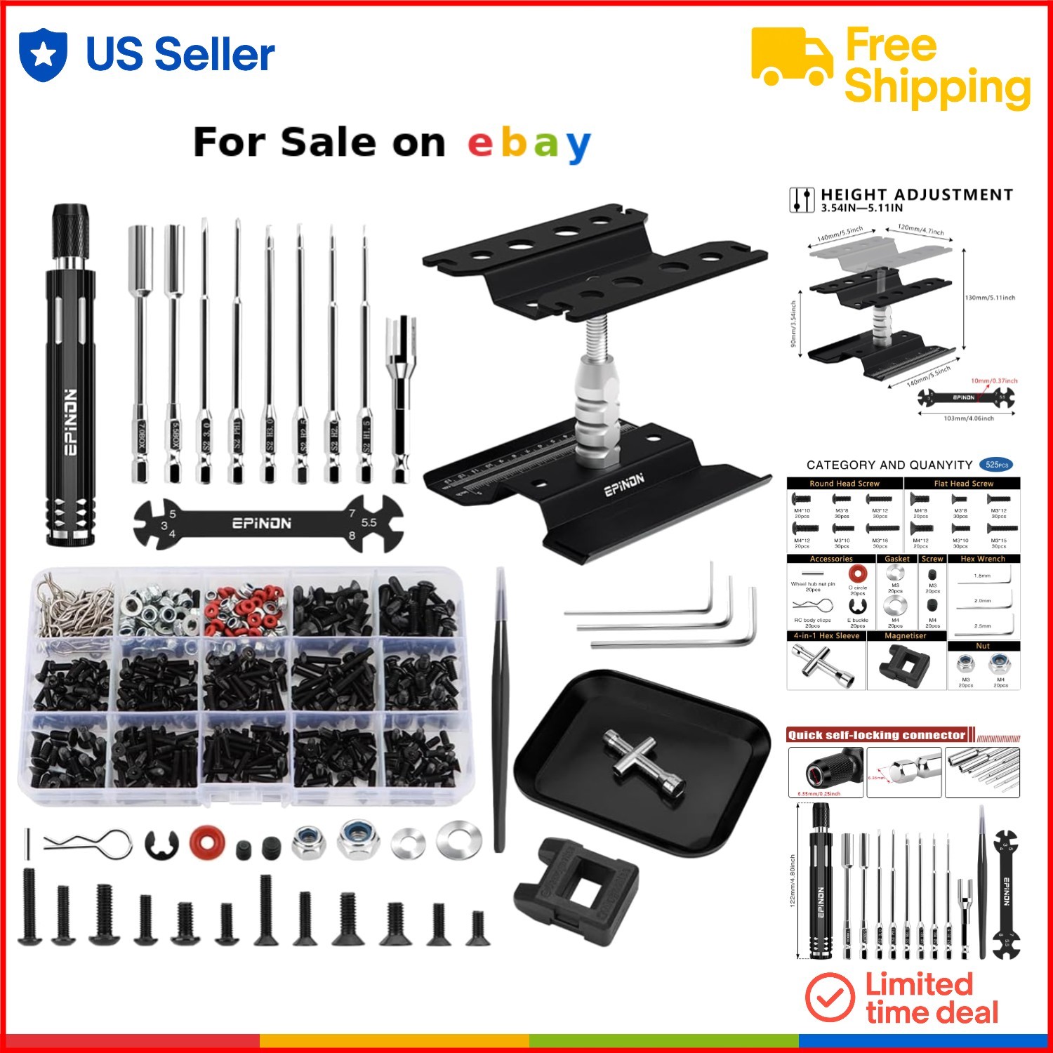 Repair Work Stand Kit 520 Pcs Screws Screwdrivers For 1/8-1/18 Rc Cars