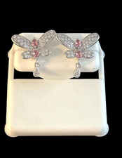 Sterling Silver Earrings- BUTTERFLIES - cubic zirconias- pink - post back