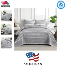 Oversized Super King Plus Quilt Set Grey, 3 Pieces Boho Lightweight Soft Stri...