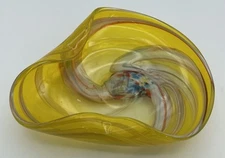 Vintage Lead Crystal Art Glass Yellow Swirl Bowl Hand Blown Rainbow Confetti