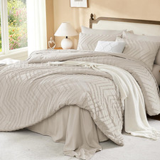 King Size Comforter Set 7 Pieces Beige - Boho Bed in a Bag Fluffy Lightweight Ch