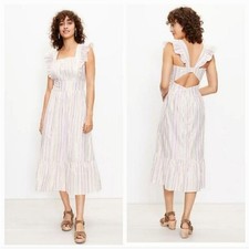 NEW Ann Taylor Shimmer Multi Colored Stripe Ruffle Cutout Back Midi Dress Size 8